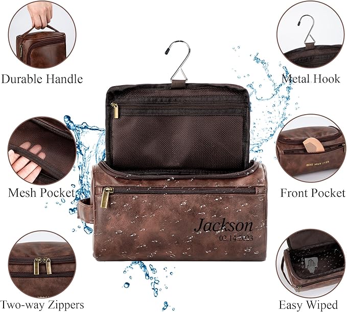 Flycalf Personalized Travel Toiletry Bag for Men Groomsmen Gift Leather Water Resistant Bathroom Shaving Bag Hanging Organizer