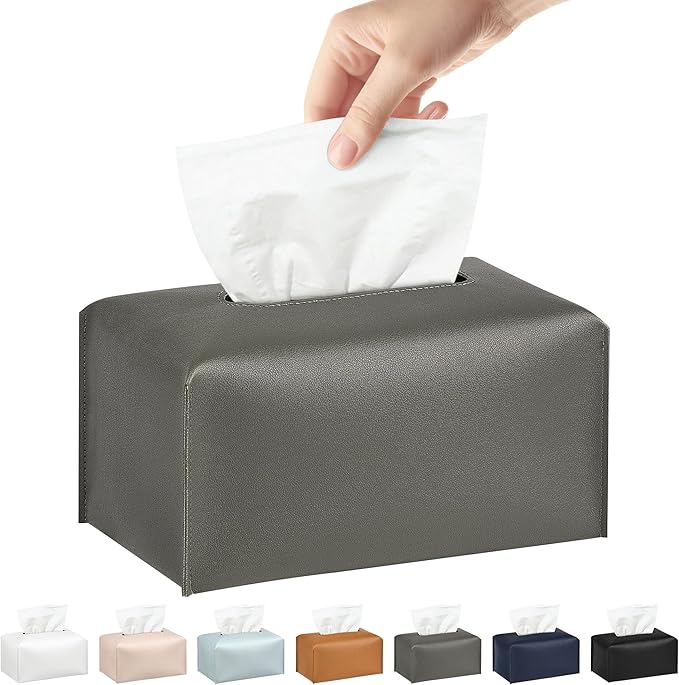 Long Tissue Box Cover, PU Leather Tissue Holder Rectangle, Facial Paper Organizer, Modern Dispenser for Bathroom, Kitchen, Home, Office, Tabletop (1, Grey, Short)