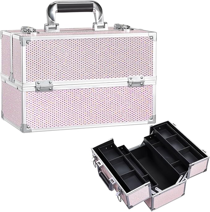 Stagiant 12.6 Inch Large Makeup Train Case, Professional 4 Trays Cosmetic Cases Makeup Storage Organizer Box Beauty Make Up Box with Lock&Adjustable Compartments for Nail, Accessories, Skincare, Pink