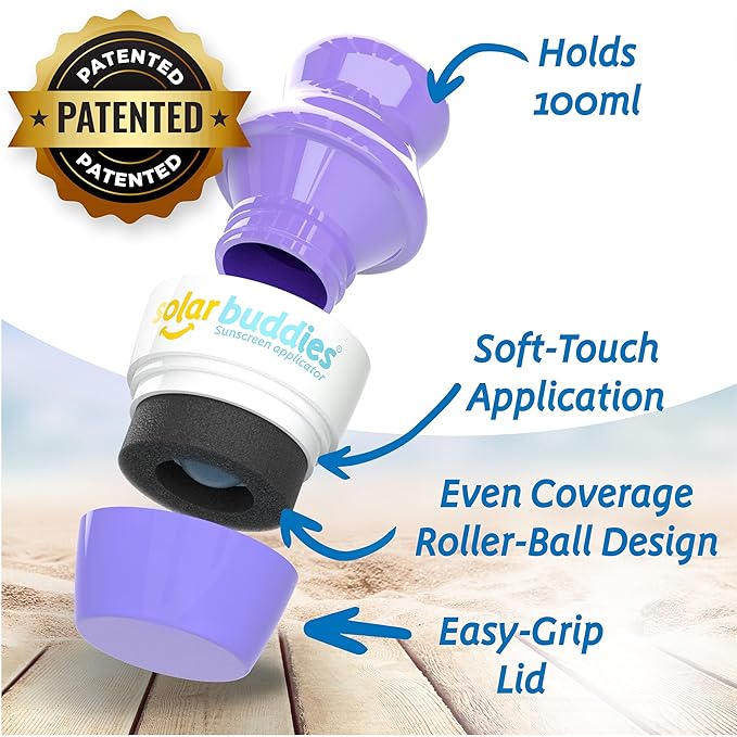 Solar Buddies Sunscreen Applicator - Single Purple - Refillable Roll on Sponge Sunscreen, Suncream & Lotion Applicator For Kids, Adults & Families - Holds 3.4fl oz, Perfect Size for Travel