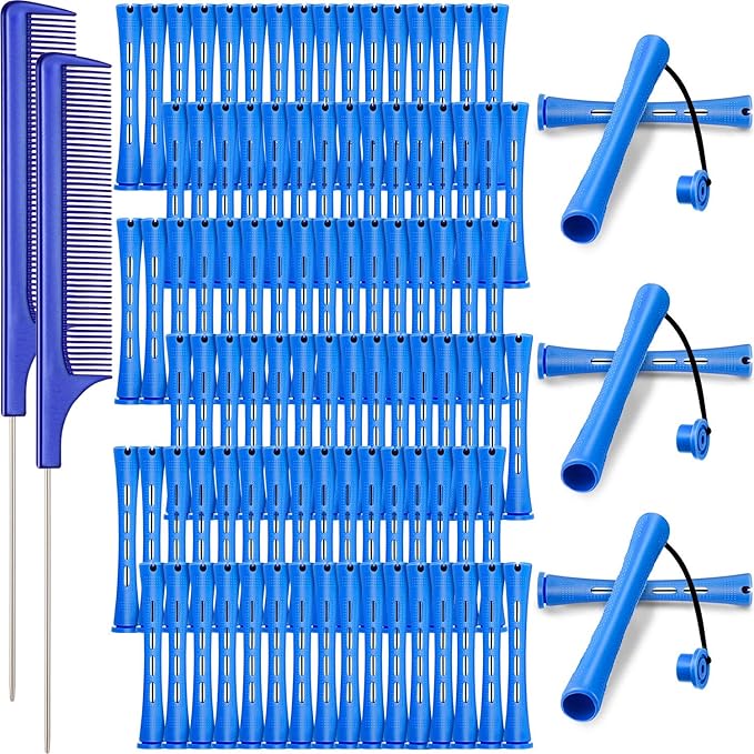 WILLBOND 96 Pcs Hair Perm Rods Plastic Cold Wave Perming Rod for Short Long Hair Curlers Heatless Roller with 2 Steel Pintail Rat Tail Comb for Hairdressing Styling Tool(0.35 Inch/ 0.9 cm,Blue)