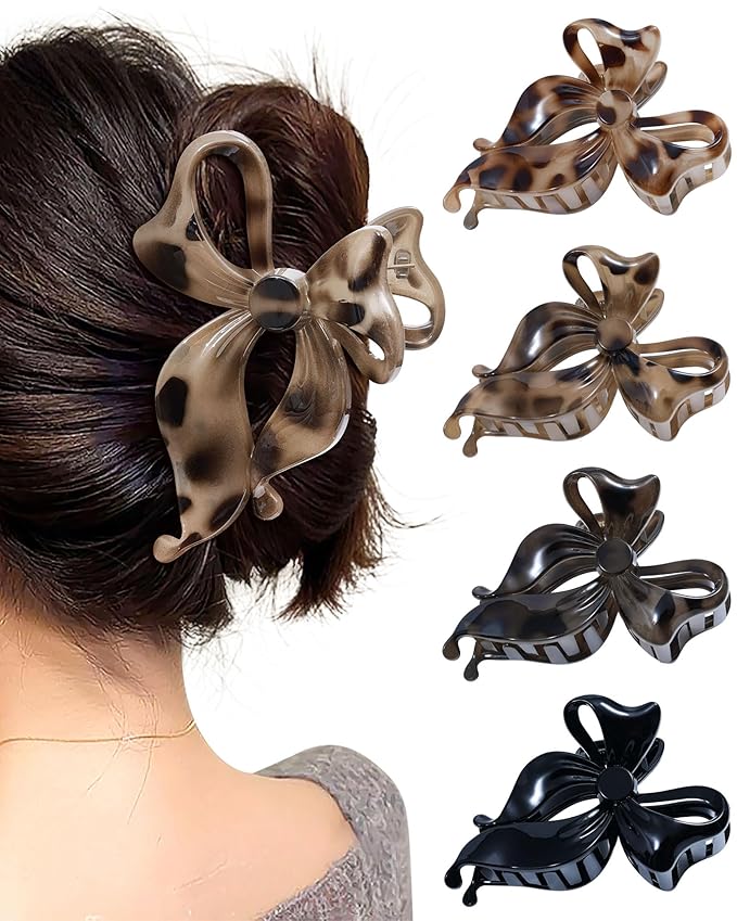 Mesovor 4 pack Cute Bow Claw Clip for Women, Nonslip Large Matte Strong Hold Bows Hair Clips for Thin and Thick Hair | Chic Hair Styling Accessories (Tortoise Polished)