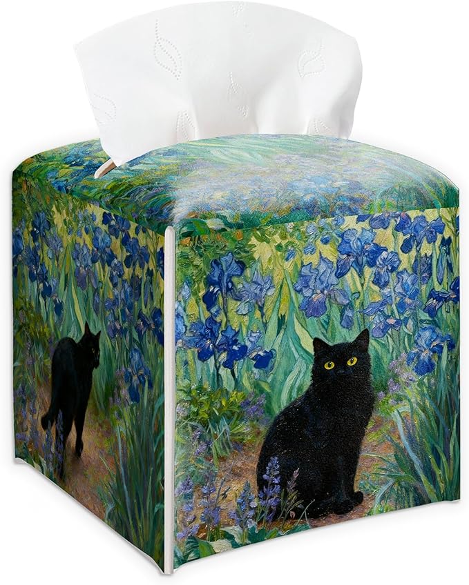 Black Cat & Blue Flowers Design Tissue Box Cover - Vintage PU Leather Waterproof Tissue Holder - Facial Paper Organizer for Home Bathroom Office - Desk Decorative Dispenser Box-B03