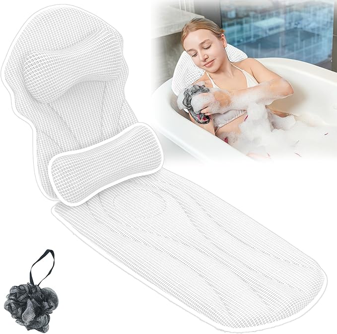 Full Body Bath Pillows for Tub Luxury Bathtub Pillow Cushion for Head,Shoulder,Back&Lumbar Support Thick Tub Pillow for Bathtub for Women Soft 5D Air Mesh Mat 12 Non-Slip Power Suction Cups (White)