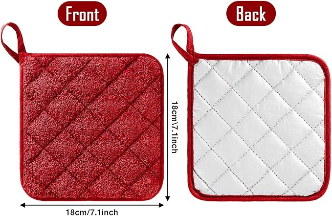 GROBRO7 6Pcs Cotton Quilted Terry Oven Set Pot Holders Heat Resistant Multipurpose 7’'x7’' Hot Pads with Hanging Loop Durable Machine Washable Oven Mitts for Daily Kitchen Baking and Cooking Red