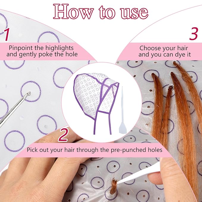 Bewudy Hair Highlighting and Coloring Kit with 12 Frosting Caps, Hooks for Salon Dyeing and Hairdressing (Purple)