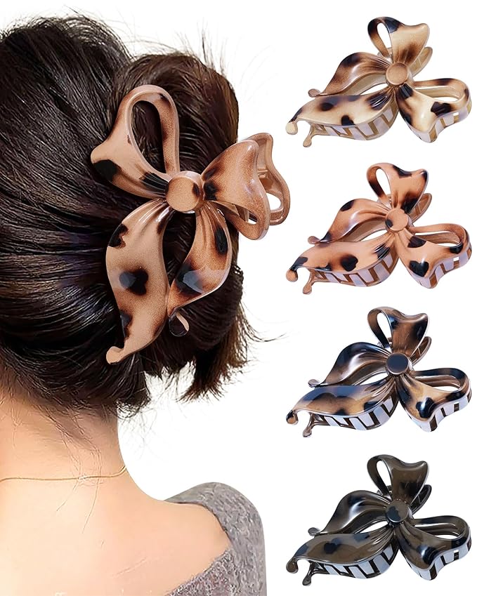 Mesovor 4 pack Cute Bow Claw Clip for Women, Nonslip Large Matte Strong Hold Bows Hair Clips for Thin and Thick Hair | Chic Hair Styling Accessories (Caramel Color)