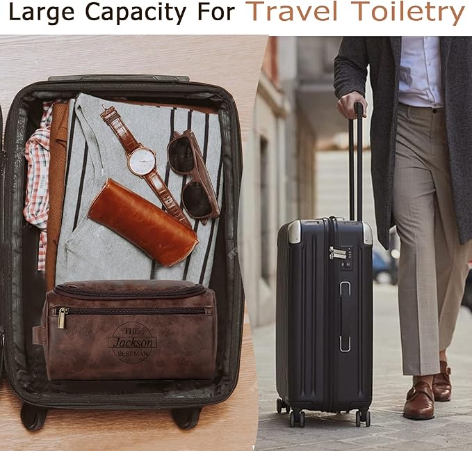 Flycalf Personalized Travel Toiletry Bag for Men Groomsmen Gift Leather Water Resistant Bathroom Shaving Bag Hanging Organizer