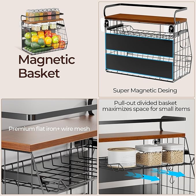 Delamu Magnetic Shelf for Fridge with Wood Lid, 3 Tier Pull Out Fruit Basket, Pantry Organizers for Refrigerator, Cabinet, Kitchen Counter, Laundry (1 Pack)