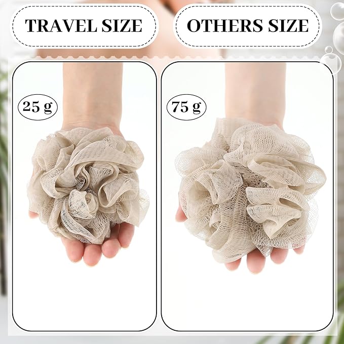 12 Pcs Travel Size Loofah Individually Wrapped, Small Shower Puff Bath Sponge Pouf Ball Bulk Mesh Bath Puff Mini Loofah Sponge with Case Bulk for Shower Care (25g,Multicolor)