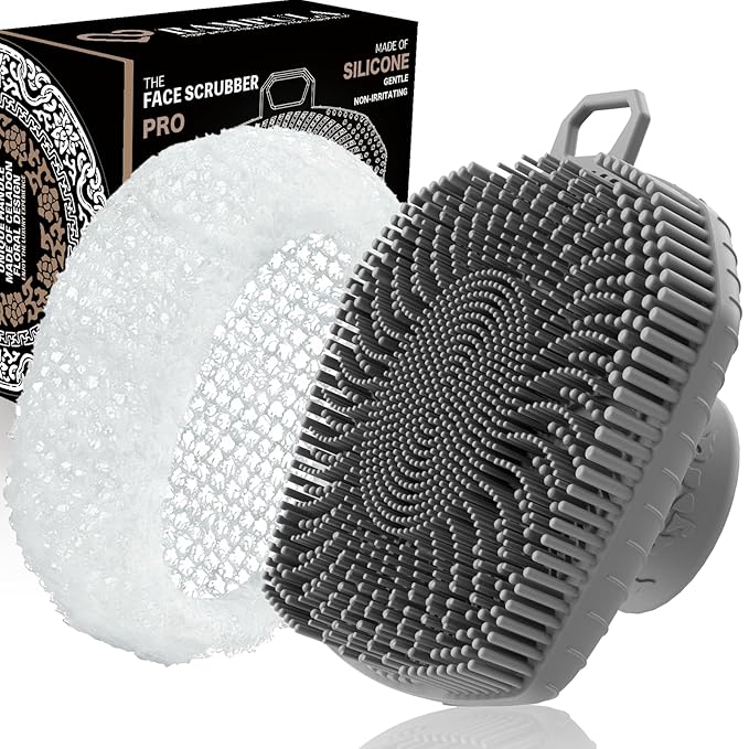 Face Scrubber & African Net, Silicone Exfoliating Brush for Men, Facial Cleansing Brush, Manual Waterproof Cleansing Skin Care, Blackhead Removing Pore Cleansing Massaging Face Brushes - Grey