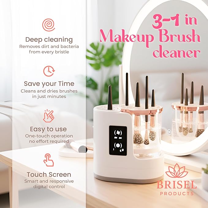 BRISEL 3-in-1 Makeup Brush Cleaner Machine & Dryer – Electric Automatic Washer, Deep Clean & Dry in Minutes, USB Powered with LED, Fits All Brush Sizes (White & Rose Gold)