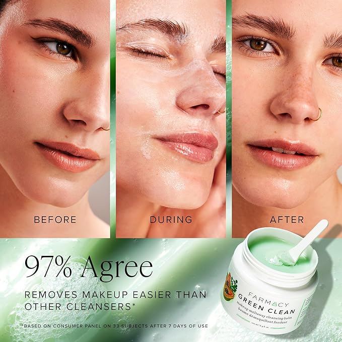 Farmacy Makeup Remover Cleansing Balm - Green Clean Waterproof Makeup Remover Balm + Oil Cleanser for Face - Gently Melts Make Up + SPF - Hydrates + Softens Skin with Super Greens + Papaya (50ml)