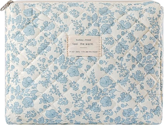 uekeboag Quilted Cotton Makeup Bag,Coquette Quilted Toiletry Bag for Women and Girls,Floral Coquette Pouch,Cute Kawaii Travel Cosmetic Bags(05Light Blue Flower)