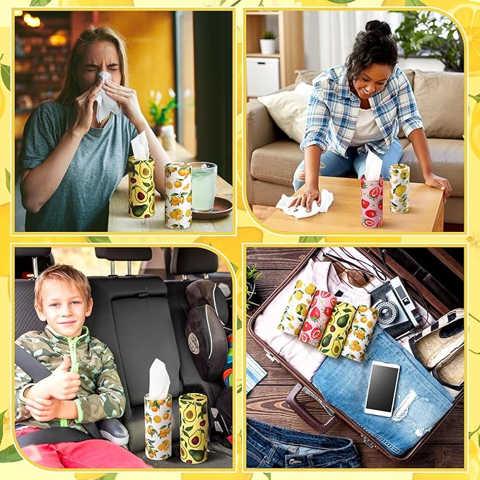 Zonon 8 Pcs Car Tissues Holder Round Box with Facial Tissue Bulk Fruit Multicolor Car Tissues Cylinder with 50 Sheets Face Towel Fit for Cube Boxes Christmas Round Tubes Cup Holder Container Travel
