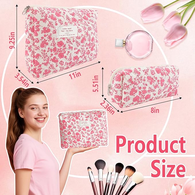 2Pcs Quilted Makeup Bag Set Flower Cute Pencil Case Large Small Travel Makeup Pouch Set for Women Coquette Makeup Bag Aesthetic Cotton Cosmetic Bag Pink Toiletry Organizer Storage Bag Big Zipper Pouch
