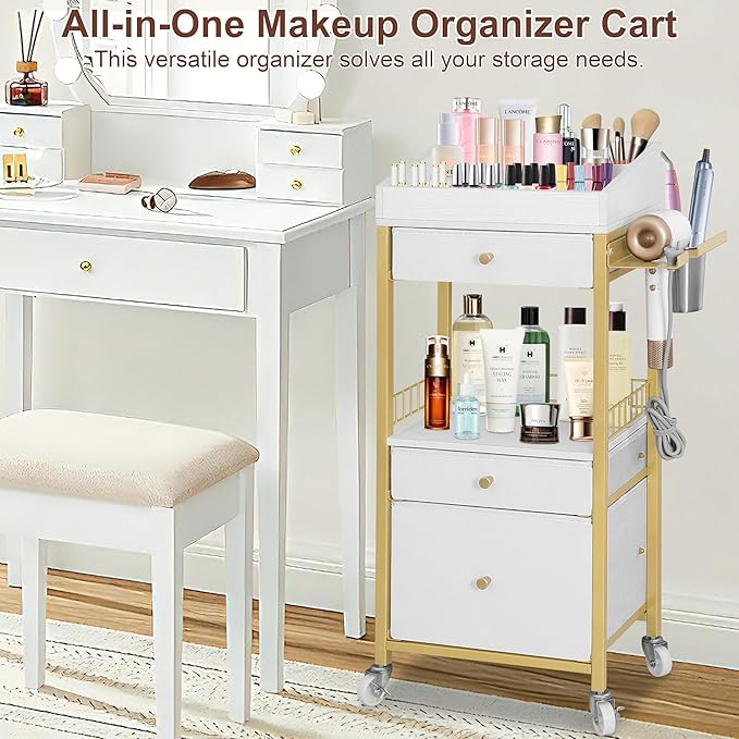 Makeup Organizer Cart with Adjustable Dividers, 3-Drawer Cosmetic Storage Cart with Lockable Wheels & Detachable Hair Tool Holder, Mobile Vanity Organizer for Small Spaces, Gold & White