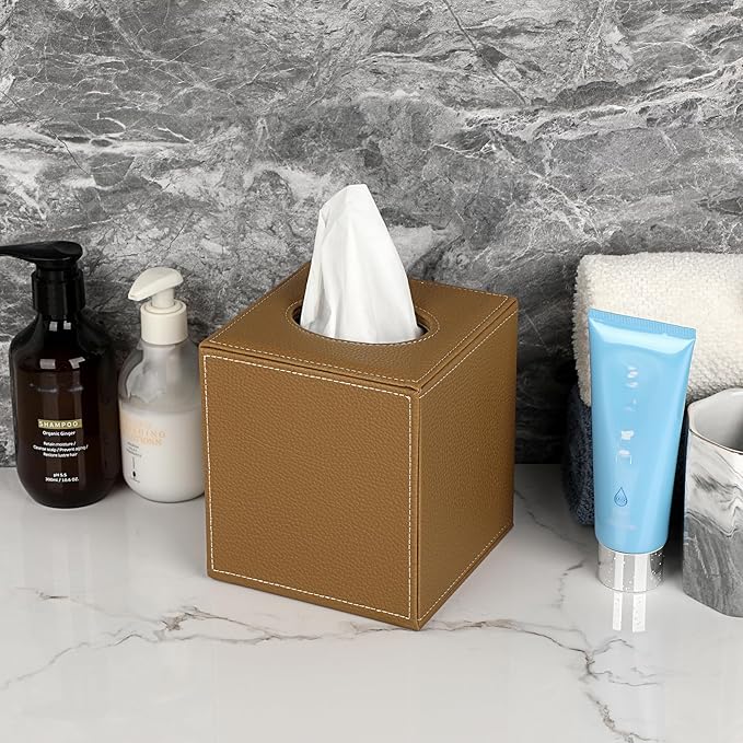 Sumnacon Square Leather Tissue Box Cover - Stylish Cube Tissue Box Holder with Magnetic Bottom, Decorative PU Tissue Box for Vanity Dresser Night Stand Table Countertop Home Office Car, Camel