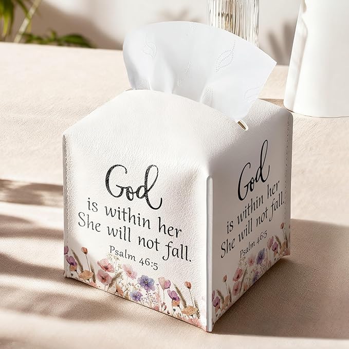 Christian Bible Verses Tissue Box Cover Square, Inspirational Quotes Waterproof Leather Tissue Box Holder, Flowers Paper Facial Tissue Box Covers Cube for Office Bathroom Home Prayer Room Decor