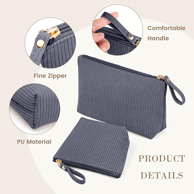 MAGEFY 2Pcs Makeup Bag Set, Cute Makeup Pouch for Purse Corduroy Travel Cosmetic Pouch for Women with Slip-in Pockets for Purse Essentials Accessories(Grey,Mini+Small)