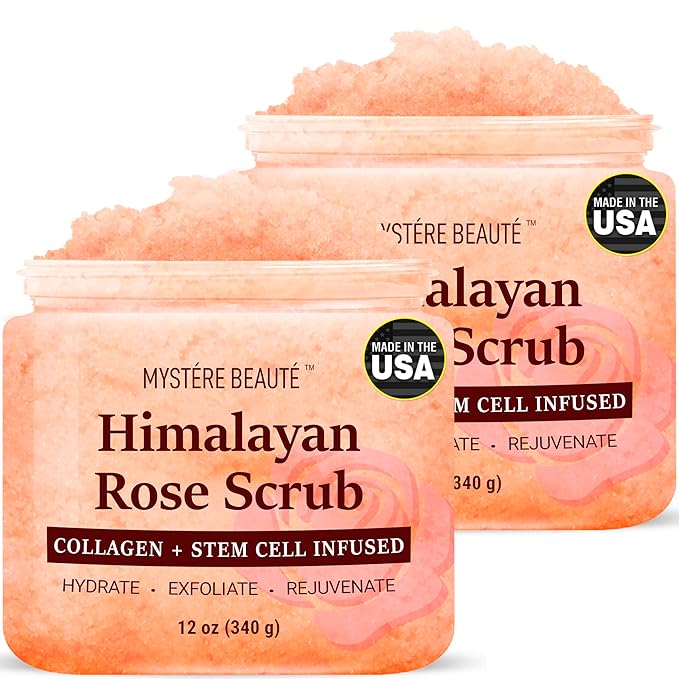 Himalayan Salt Body Scrub Twin Pack (12 oz x 2) - with Collagen, Rose Oil & Stem Cells - Exfoliating Scrub for Cellulite, Acne & Stretch Marks - Natural Skin Care Gift Set