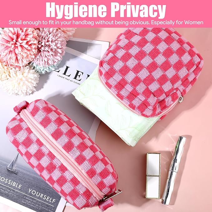 2 Pcs Sanitary Napkin Storage Bag, Zipper Checkered Sanitary Pouch Period Bags, Portable Tampon Pad Pouch Pad Bag for Women Travel Daily, Reusable Period Bag for Teen Girls for School Women Pink