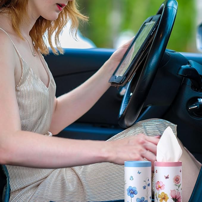 12 Pack Car Tissue Cylinder Holder Bulk with 3 Ply Facial Tissues, Round Napkin Holders for Car Cup Holder Cylinder Travel Paper Tubes Bulk Round Napkin Boxes Packs(Classic Flower)