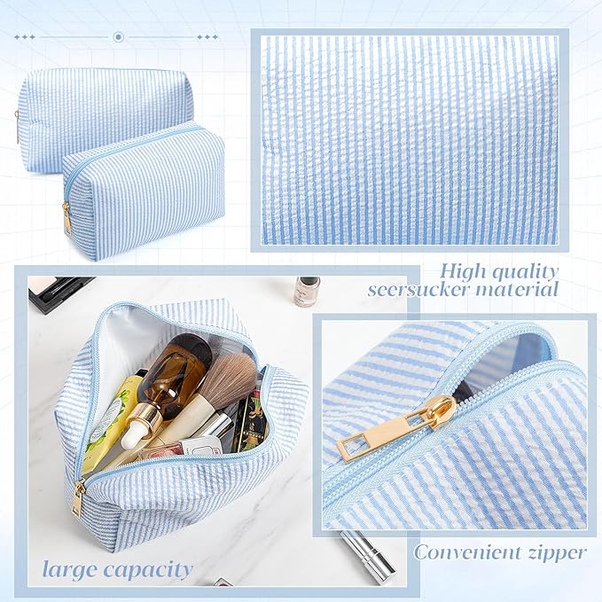 Sanwuta 12 Pcs Seersucker Cosmetic Bags Bulk Seersucker Makeup Bags Stripe Women Pouch Large Preppy Storage Pouch Toiletry Travel Organizer for Wedding Bridesmaid Bride Favor Mom Gift (Light Blue)