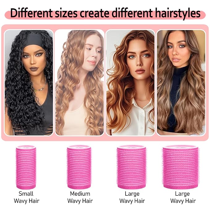 4 Sizes Self-Grip Hair Rollers Set with Clips - 4 Sizes for Long, Short Hair & Bangs (25mm, 36mm, 48mm, 60mm),(Rose Red, 4 Sizes)