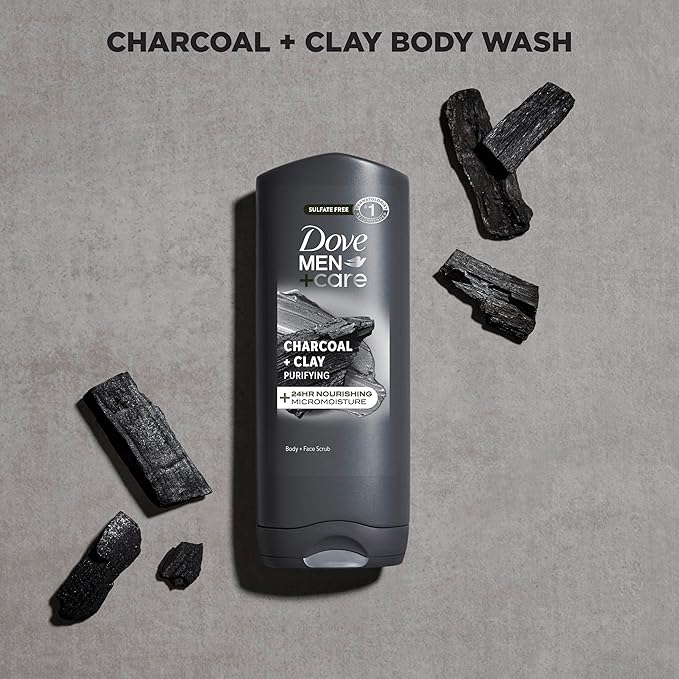 DOVE MEN + CARE Purifying Charcoal + Clay Body and Face Wash with 24-Hour Nourishing Micromoisture Technology Body Wash for Men, 13.5 oz