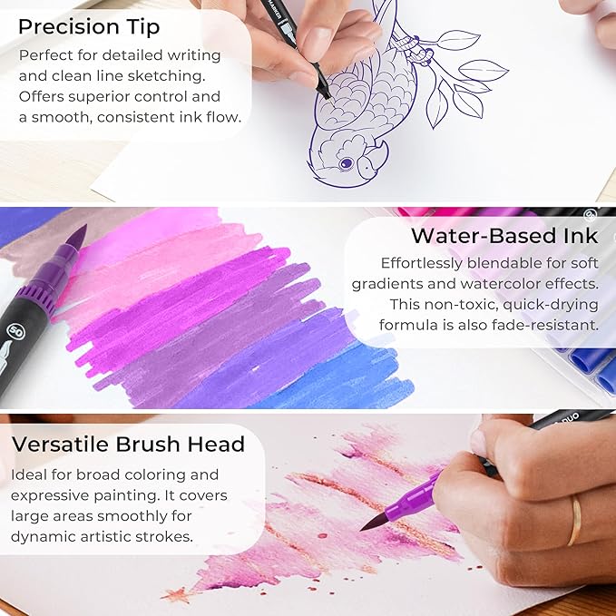 Purple Duo Tip Marker Pens, 12 Pack Fine & Brush Markers for Adult Coloring Books No Bleeding, Royal Purple Markers for Fantasy Art, Mystical Patterns, Creative Shadows and Luxury Themes