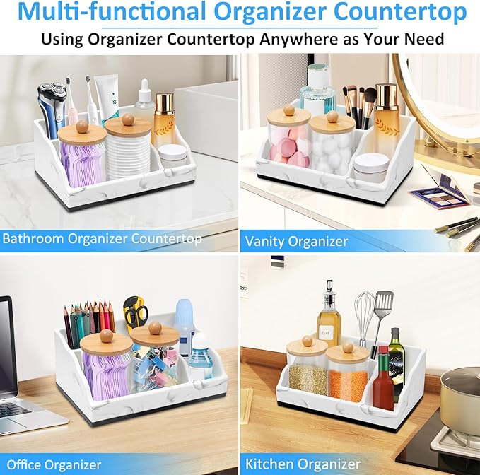 Bathroom Counter Organizer, White Marble Toothbrush Holders for Bathrooms with 2PCS Qtip Holder, Bathroom Organizer Countertop Toothbrush and Toothpaste Holder for Makeup Organizer for Vanity