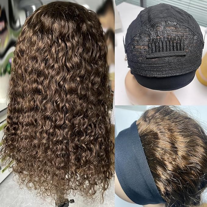 XSY Headband Wig Human Hair Deep Wave Chocolate Brown #4 Brazilian Virgin Curly Headband Wig for Black Women 150% Density 26 Inch