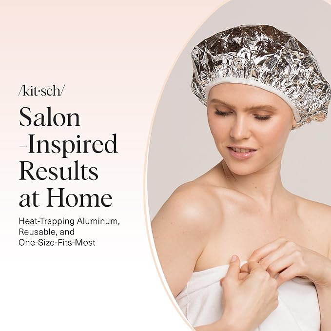 Kitsch Aluminum Foil Heat Cap for Deep Conditioning - Reusable Hair Streamer For Coloring, Perm & Treatment, Heat Cap with Elastic Band, Processing Caps for Hair, Shower Caps for Sauna, Shower & Spa