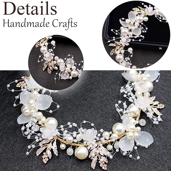 Wedding Hair Accessories for Kids, Flower Girl Accessory, Princess Headpiece White Headband Pearl and Girls Cute Bridal Band, Women's Fashion Headbands, Flower Pearl Gold