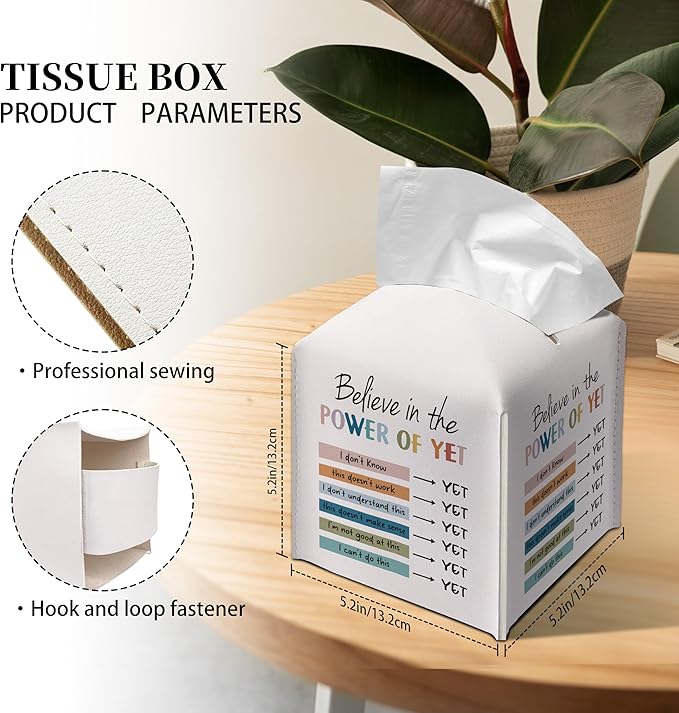 Grace Yonks Cute Tissue Box Cover Square - Power of Yet Growth Mindset Design 5.2" PU Leather Holder for Vanity, Desk, or Bathroom Counter - Cube Case for Facial Tissues(018)