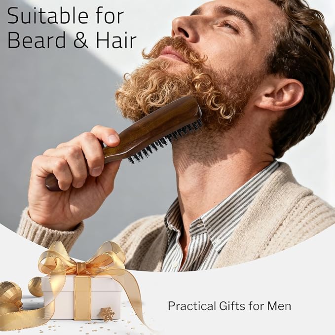 Hair Brush for Men, Mens Slick Back Hair Brush with Stiff Nylon Bristles & Wooden Walnut Handle for Thick & Fine Hair Smoothing, Detangling, Styling, Beard Straightens