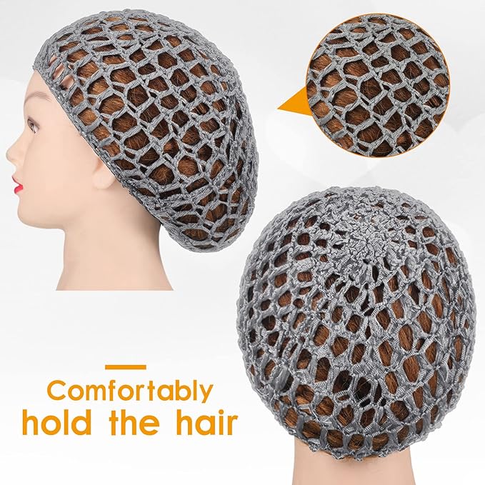 Geyoga 4 Pieces Mesh Crochet Hair Net Rayon Knit Snood Hat Thick Short Women Hairnet Snoods Cover Ornament for Sleeping (Gray)