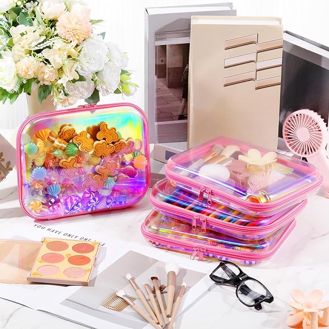 Hoolerry 4 Pcs Hard Clear Zipper Case Makeup Bags Plastic Zipper Pouch Transparent Storage Box Containers for Cosmetics, Snacks, Building Blocks, Puzzles(Clear,9.8 x 7.9 x 2 in,Pink Laser)