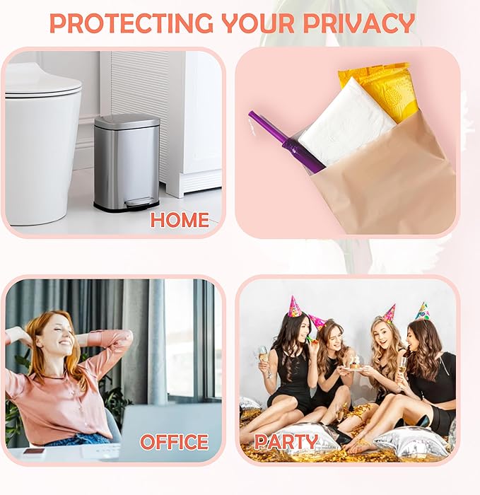 Disposable Sanitary Bags, 100 Pcs, Pink, Self-sealing, Odor-proof, Rectangular, Plastic, 10" x 6" Bags for Feminine Hygiene, Personal Waste, or Pet Waste
