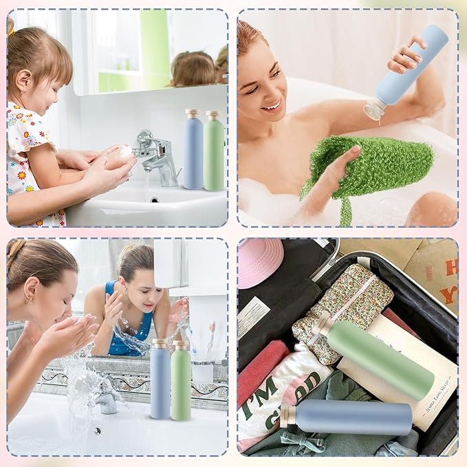 2Pcs Squeeze Bottles, 260ml Plastic Refillable Travel Containers with Flip Cap - Leak Proof for Shampoo, Creams, Lotion, Conditioner (Blue+Green)