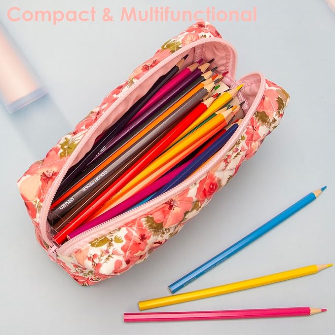 PAZIMIIK Vintage Quilted Makeup Bag Cosmetic Pouch for Brushes Pencils and Travel Make Up Accessories for Women and Girls,Flower Pink