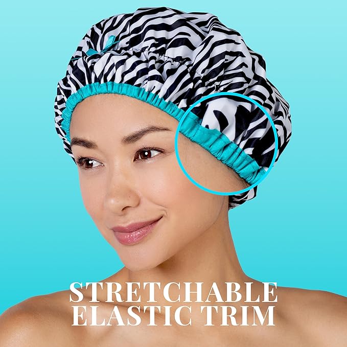 Reusable Shower & Bath Cap & Lined, Oversized Waterproof Shower Caps Large Designed for all Hair Lengths with PEVA Lining & Elastic Band Stretch Hem Hair Hat - Fashionista Sassy Stripes