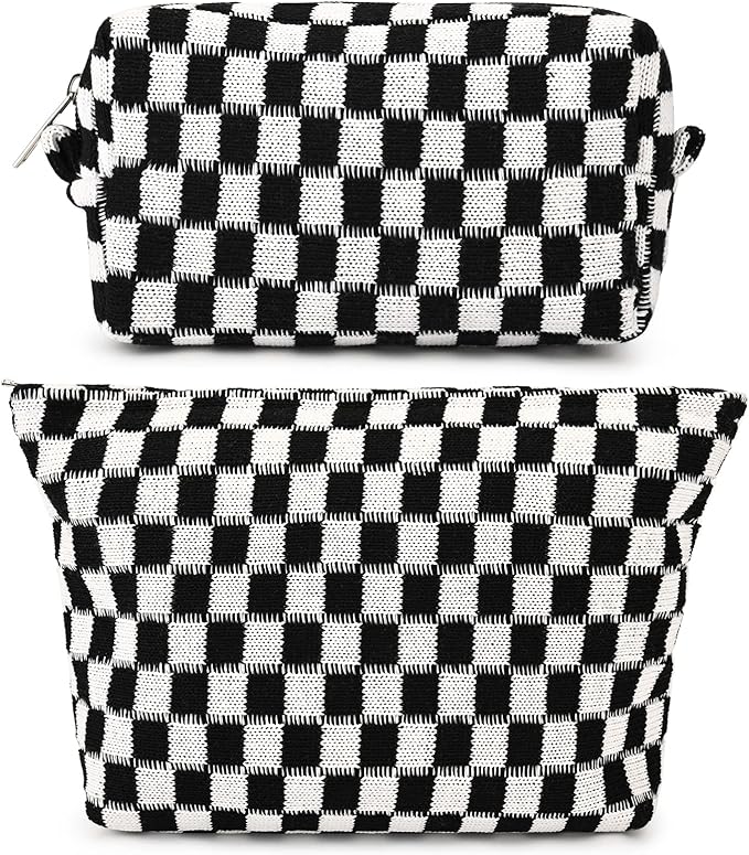 SOIDRAM 2 Pieces Black Makeup Bag Large Checkered Cosmetic Bag Capacity Canvas Mix Travel Toiletry Bag Organizer Cute Makeup Brushes Aesthetic Accessories Storage Bag for Women, Checkered Mix Black