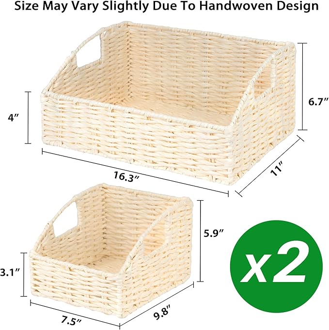 Ollieroo Rattan Storage Baskets, Handwoven Wicker Storage Bins with Built-in Handles, Storage Container Baskets for Shelves, Bedroom, Bathroom, Laundry Room or Kitchen(Beige)