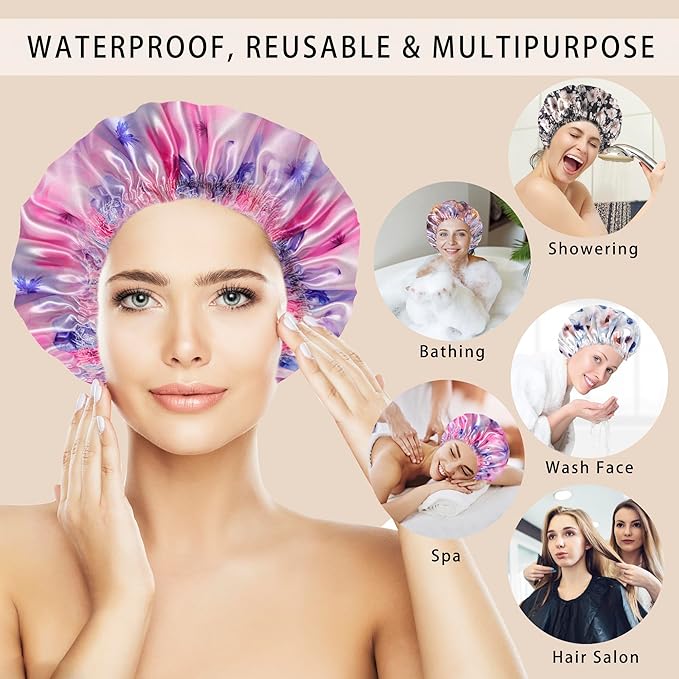 4 PCS Shower Caps for Women, Printing Bath Caps, Double Layers Shower Cap Reusable Waterproof, Bathing Shower Caps, Environmental Protection Hair Bath Hat - Flower C