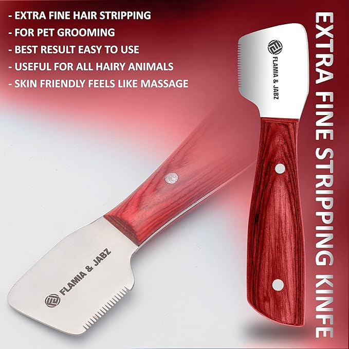 FLAMIA & JABZ FJ Professional Stripping Knife kit (6 pieces set) for Dogs & Pets, Wooden Handle Grip with Stainless Steel Blade (Right handed) (Coral Red)