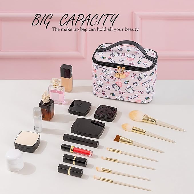 AmBealla Cosmetic Bag Large Makeup Bags Pink Travel Case with Makeup Brush Holder,Cosmetic Organizer for Women,Toiletry Bag for Skincare&Beauty Tools Sweet Cute for Girls
