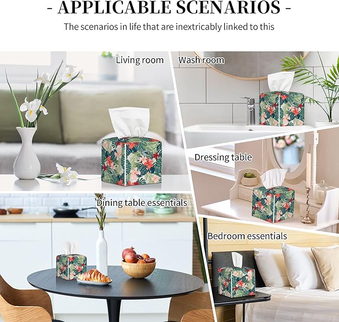 Palm Leaves and Flowers Tissue Box Cover Square,Tropical Plants and Floral Tissue Box Holder Waterproof Leather Facial Paper Organizer Dispenser for Bathroom Home Car Nightstand Vanity Desk