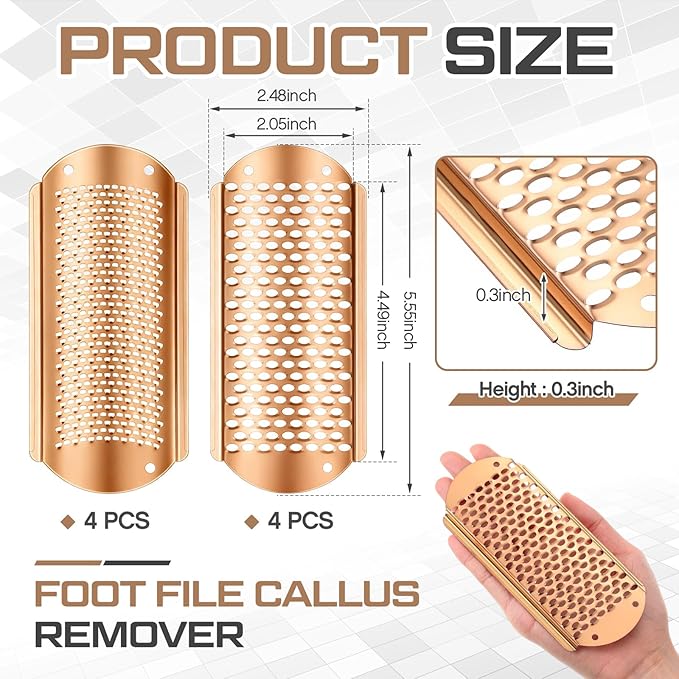 Moxweyeni 8 Pack Rose Gold Foot File Callus Remover Replacement Blades Metal File Callus Remover Hard Skin Remove Stainless Steel 2 Designs Big/fine Hole for Detachable Foot Scrubber